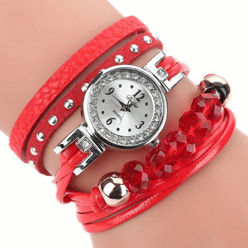 Duoya D214 Cristal Style Décontracté Femmes Bracelet Montre Cadeau Bracelet En Cuir Montre À Quartz