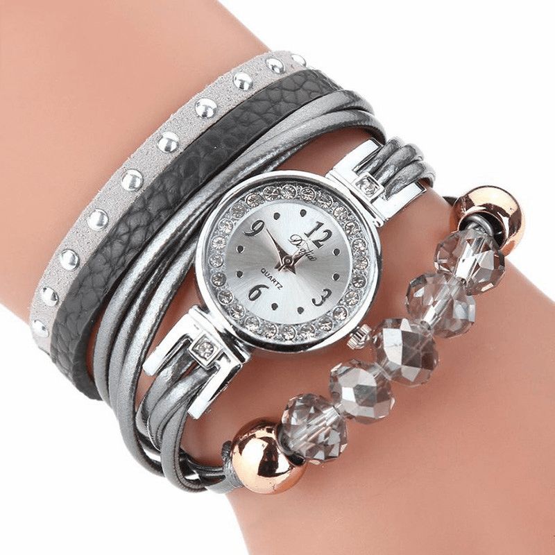 Duoya D214 Cristal Style Décontracté Femmes Bracelet Montre Cadeau Bracelet En Cuir Montre À Quartz