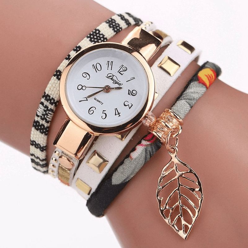 Duoya Dy066 Dames Bracelet Montre Feuille Tissu Style Rétro Montres À Quartz