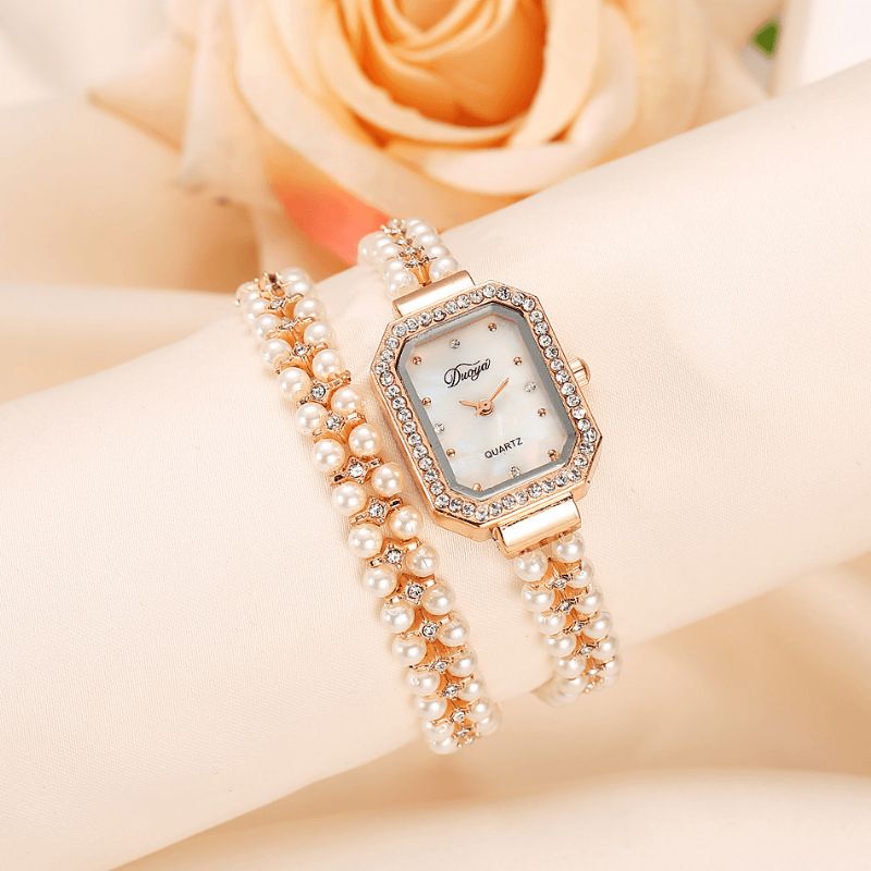 Duoya Femmes Bracelet De Perles Rond Carré Cristal Montre À Quartz