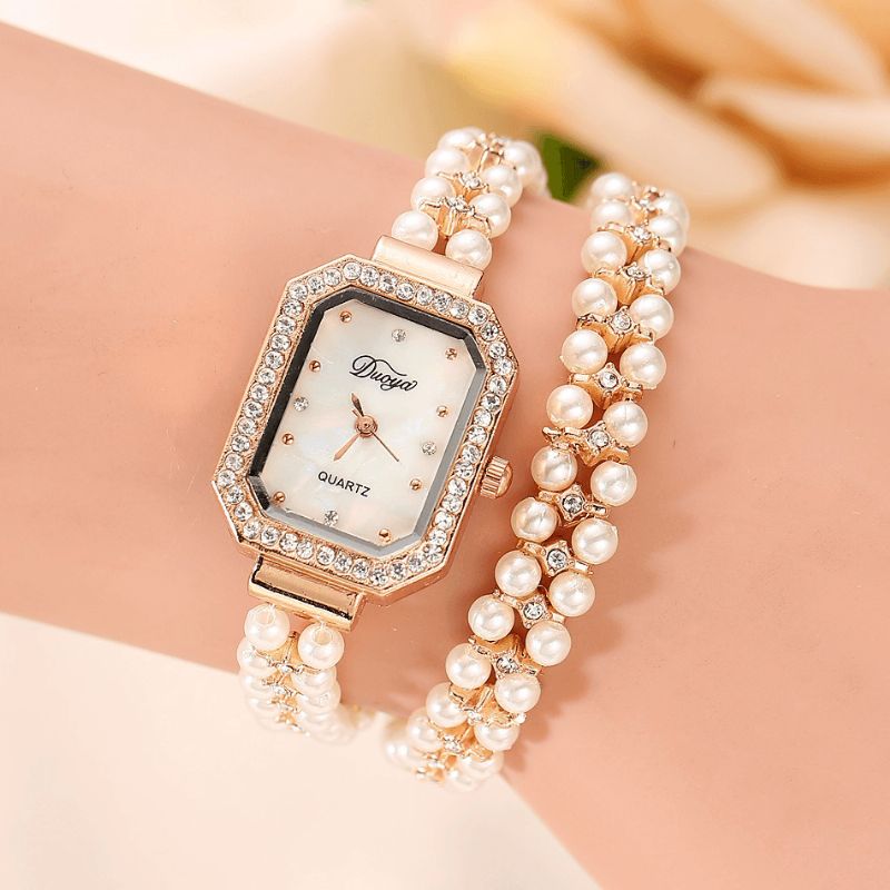 Duoya Femmes Bracelet De Perles Rond Carré Cristal Montre À Quartz