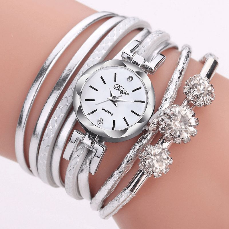 Duoya Luxe Mesdames Argent Cristal Horloge Femme Bracelet Quartz Montre