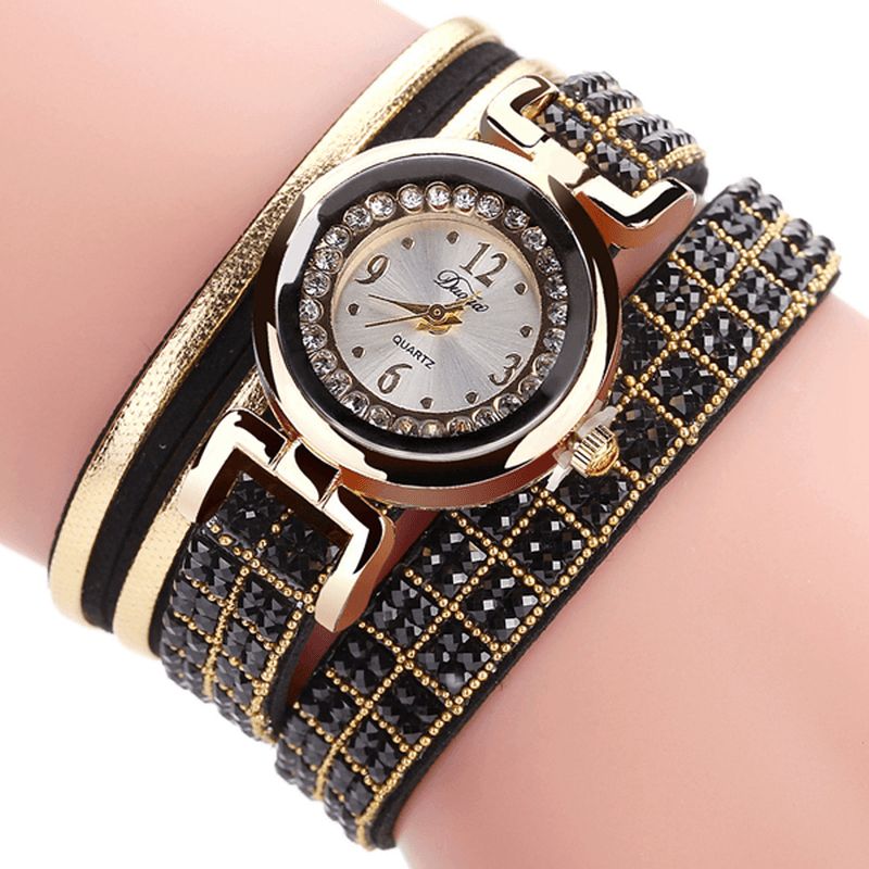 Duoya Mode Style Bande De Cuir Bracelet Enroulement Strass Cadran Quartz Moement Dames Montres