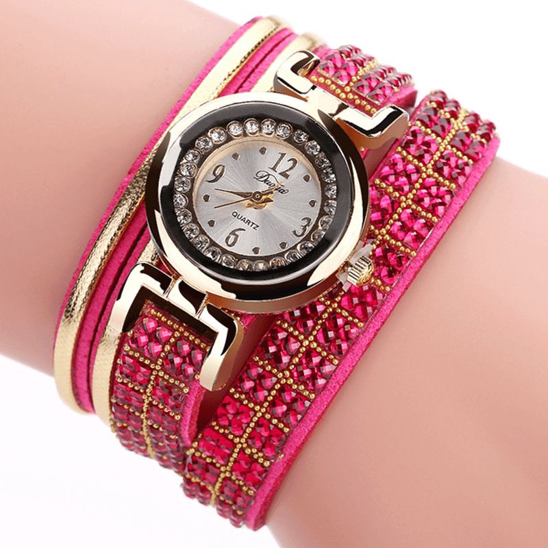 Duoya Mode Style Bande De Cuir Bracelet Enroulement Strass Cadran Quartz Moement Dames Montres