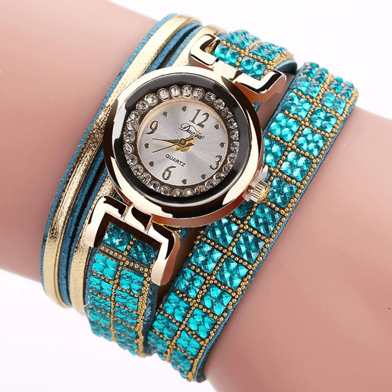 Duoya Mode Style Bande De Cuir Bracelet Enroulement Strass Cadran Quartz Moement Dames Montres