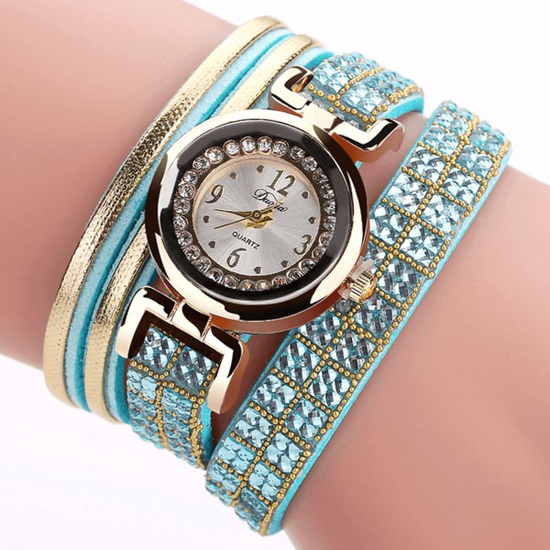 Duoya Mode Style Bande De Cuir Bracelet Enroulement Strass Cadran Quartz Moement Dames Montres