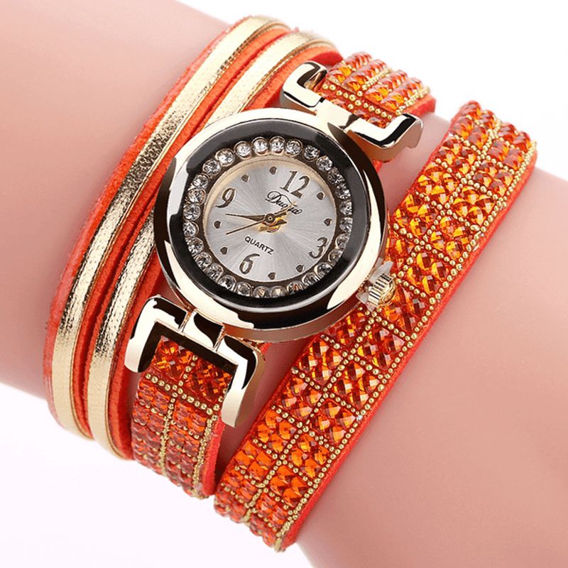 Duoya Mode Style Bande De Cuir Bracelet Enroulement Strass Cadran Quartz Moement Dames Montres