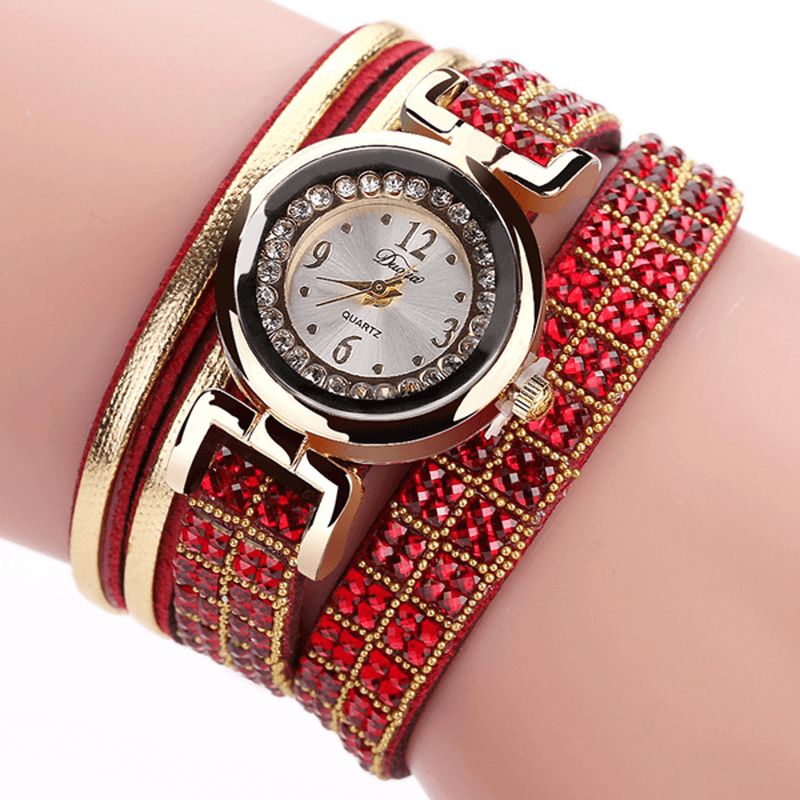 Duoya Mode Style Bande De Cuir Bracelet Enroulement Strass Cadran Quartz Moement Dames Montres