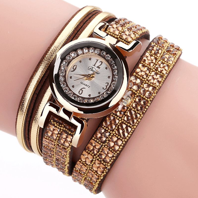 Duoya Mode Style Bande De Cuir Bracelet Enroulement Strass Cadran Quartz Moement Dames Montres