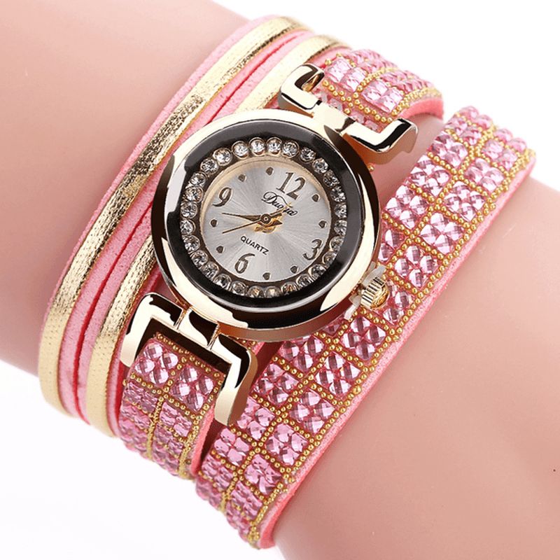 Duoya Mode Style Bande De Cuir Bracelet Enroulement Strass Cadran Quartz Moement Dames Montres