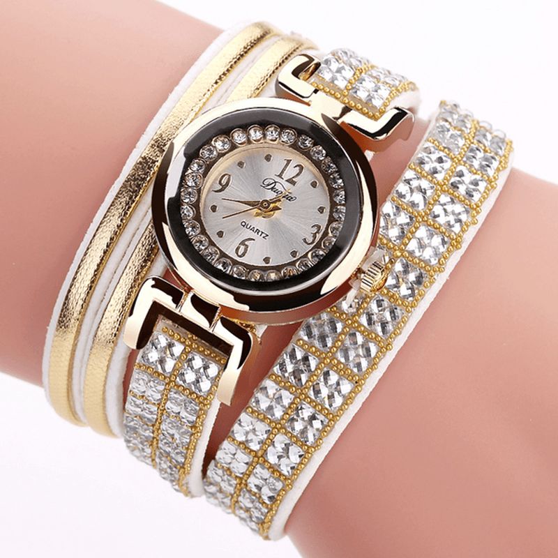 Duoya Mode Style Bande De Cuir Bracelet Enroulement Strass Cadran Quartz Moement Dames Montres