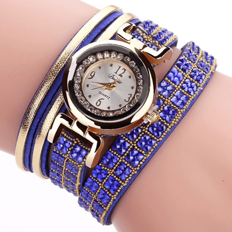 Duoya Mode Style Bande De Cuir Bracelet Enroulement Strass Cadran Quartz Moement Dames Montres