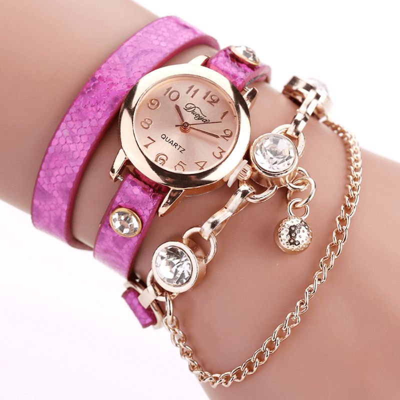 Duoya Rétro Style Pendentif Bracelet Montre Or Rose Bracelet En Cuir Montres À Quartz