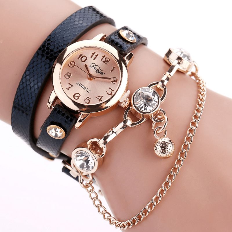 Duoya Rétro Style Pendentif Bracelet Montre Or Rose Bracelet En Cuir Montres À Quartz