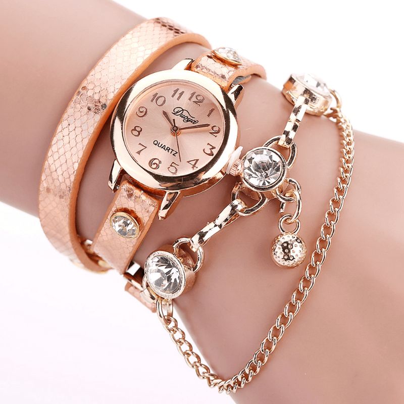 Duoya Rétro Style Pendentif Bracelet Montre Or Rose Bracelet En Cuir Montres À Quartz