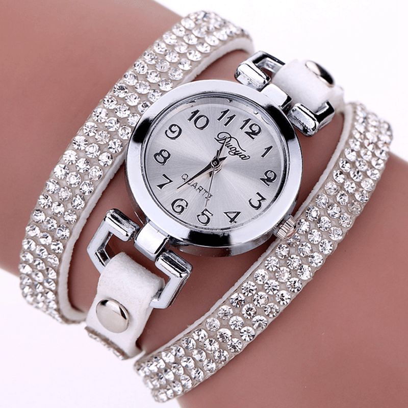 Duoya Style Décontracté Cristal Dames Bracelet Montre De Luxe En Cuir Fin Femmes Montres À Quartz