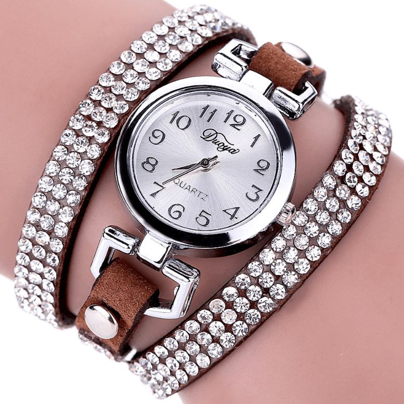 Duoya Style Décontracté Cristal Dames Bracelet Montre De Luxe En Cuir Fin Femmes Montres À Quartz