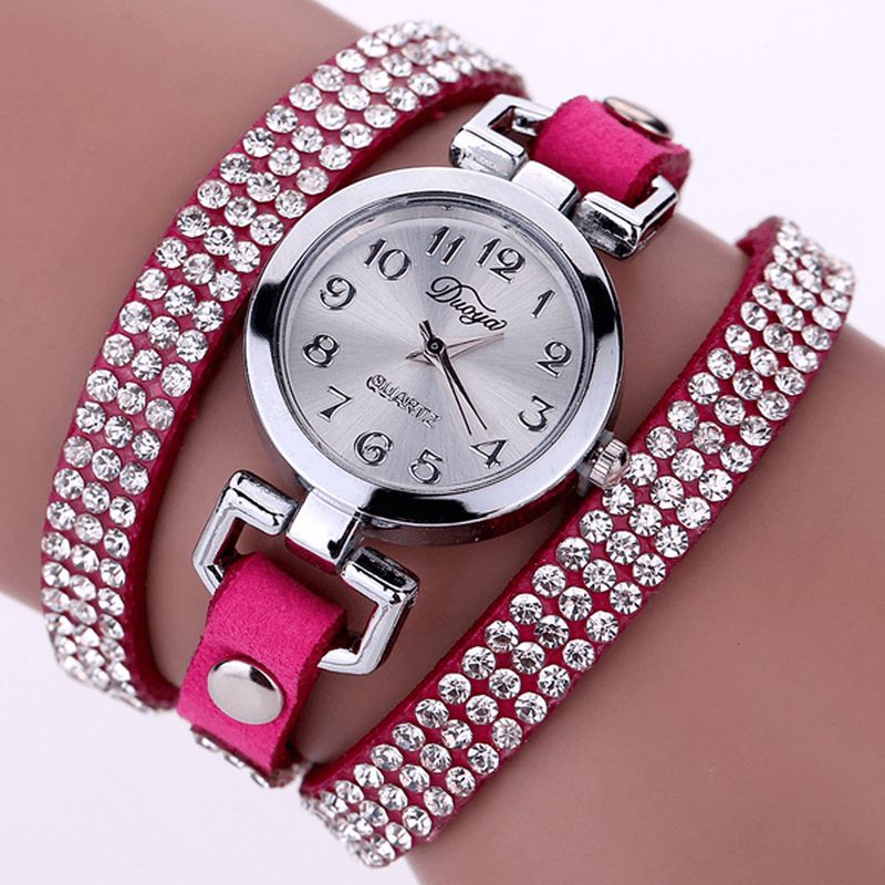 Duoya Style Décontracté Cristal Dames Bracelet Montre De Luxe En Cuir Fin Femmes Montres À Quartz