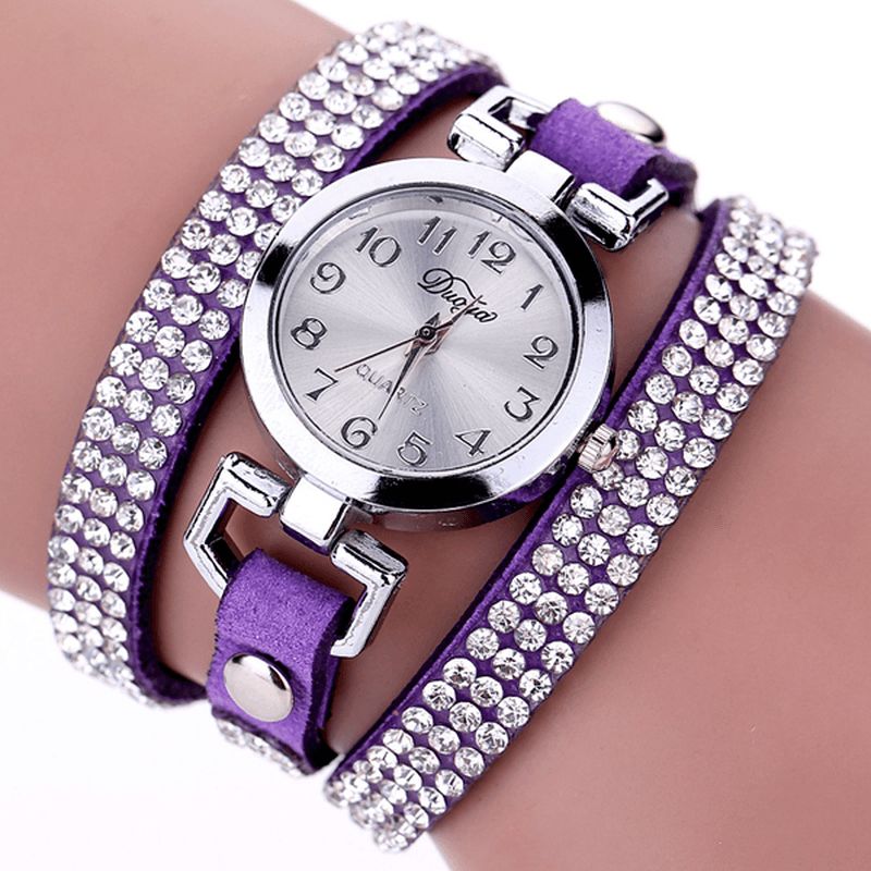 Duoya Style Décontracté Cristal Dames Bracelet Montre De Luxe En Cuir Fin Femmes Montres À Quartz