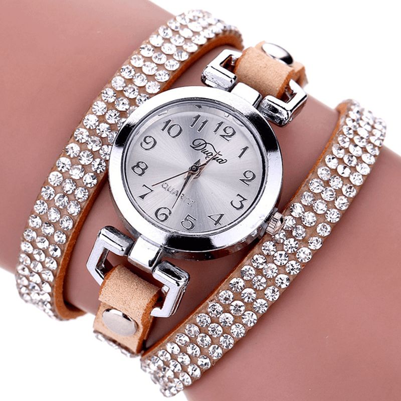 Duoya Style Décontracté Cristal Dames Bracelet Montre De Luxe En Cuir Fin Femmes Montres À Quartz