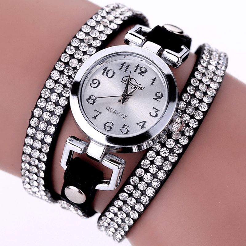 Duoya Style Décontracté Cristal Dames Bracelet Montre De Luxe En Cuir Fin Femmes Montres À Quartz