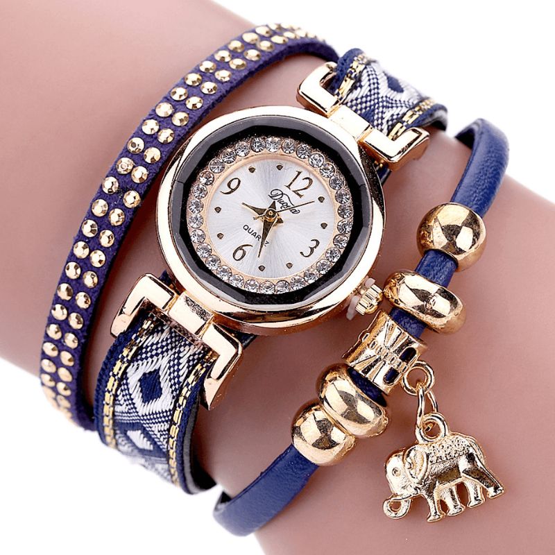 Duoya Xr1889 À La Mode Or Éléphant Dames Bracelet Montre Bracelet En Cuir Montres À Quartz