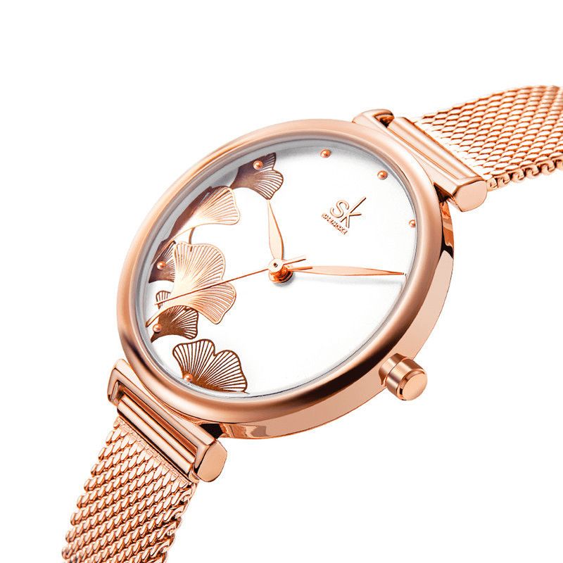 Élégant Ginkgo Motif Full Meatl Femmes Montre Dames Robe Quartz Montre