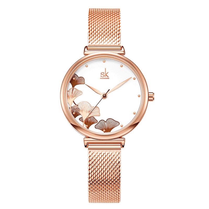 Élégant Ginkgo Motif Full Meatl Femmes Montre Dames Robe Quartz Montre