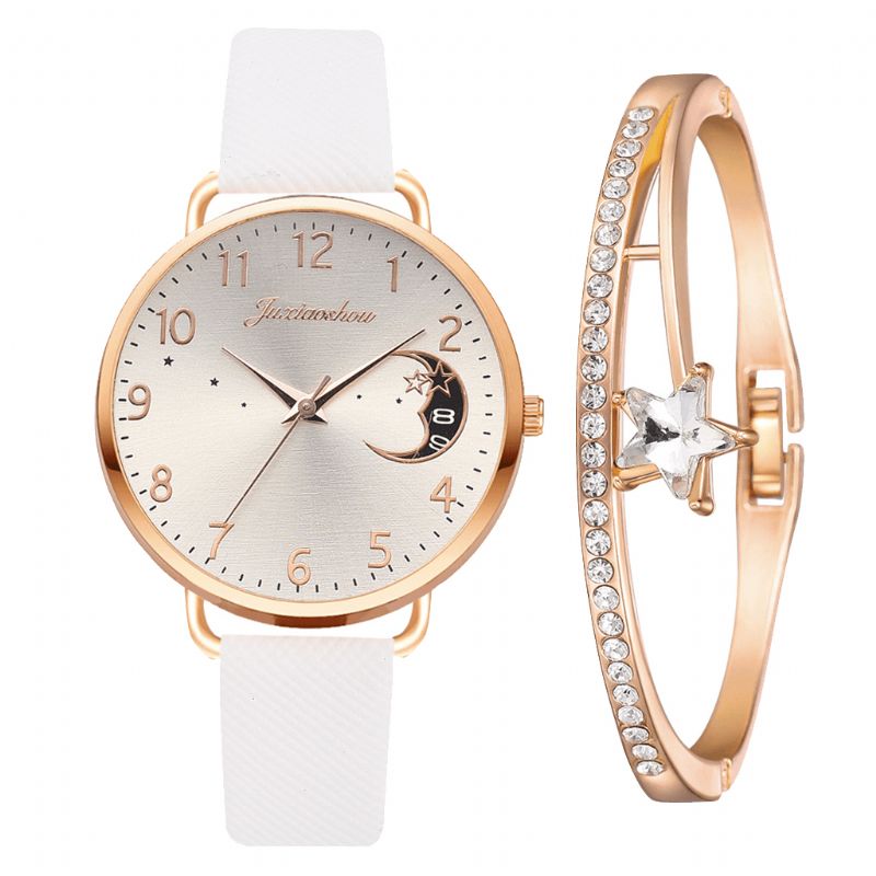 Élégant Luxe 2 Pièces Ensemble De Montres Femmes Bracelet Montre À Quartz Lune Cadran Étoilé Bracelet En Cuir Dames Cadeau