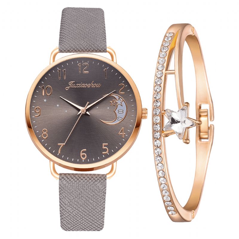 Élégant Luxe 2 Pièces Ensemble De Montres Femmes Bracelet Montre À Quartz Lune Cadran Étoilé Bracelet En Cuir Dames Cadeau