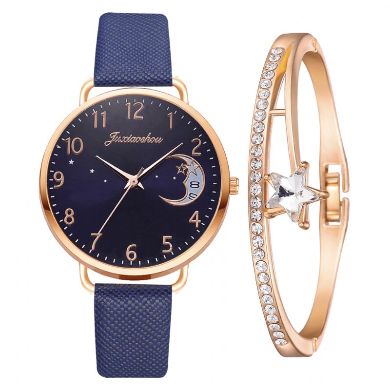 Élégant Luxe 2 Pièces Ensemble De Montres Femmes Bracelet Montre À Quartz Lune Cadran Étoilé Bracelet En Cuir Dames Cadeau