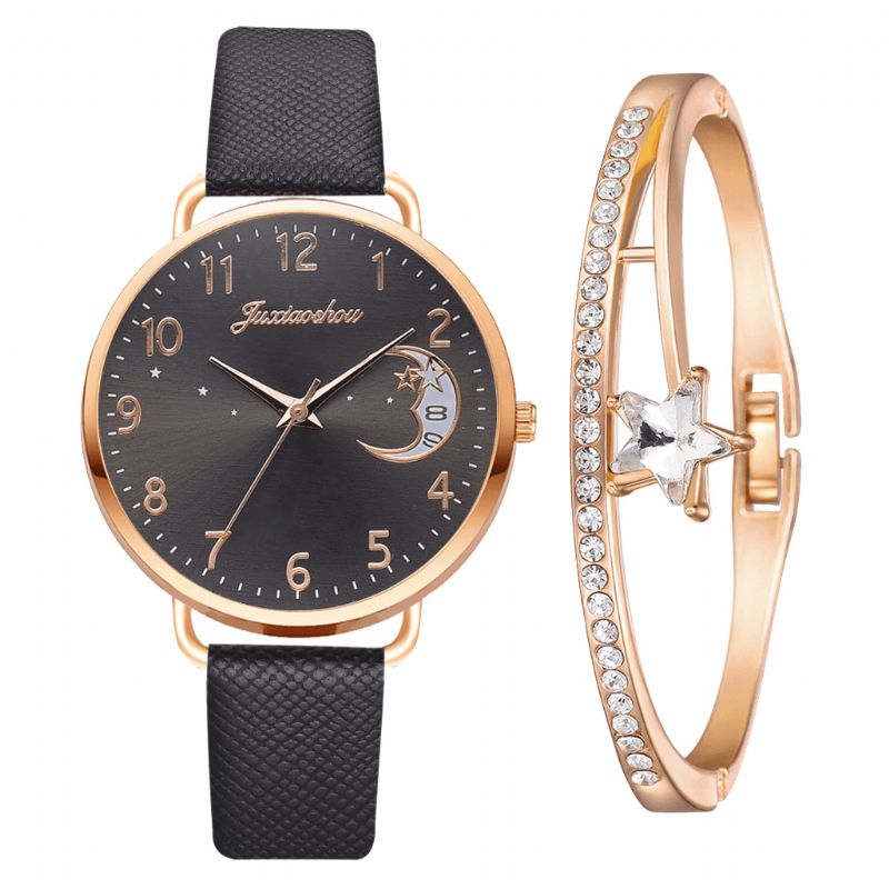 Élégant Luxe 2 Pièces Ensemble De Montres Femmes Bracelet Montre À Quartz Lune Cadran Étoilé Bracelet En Cuir Dames Cadeau