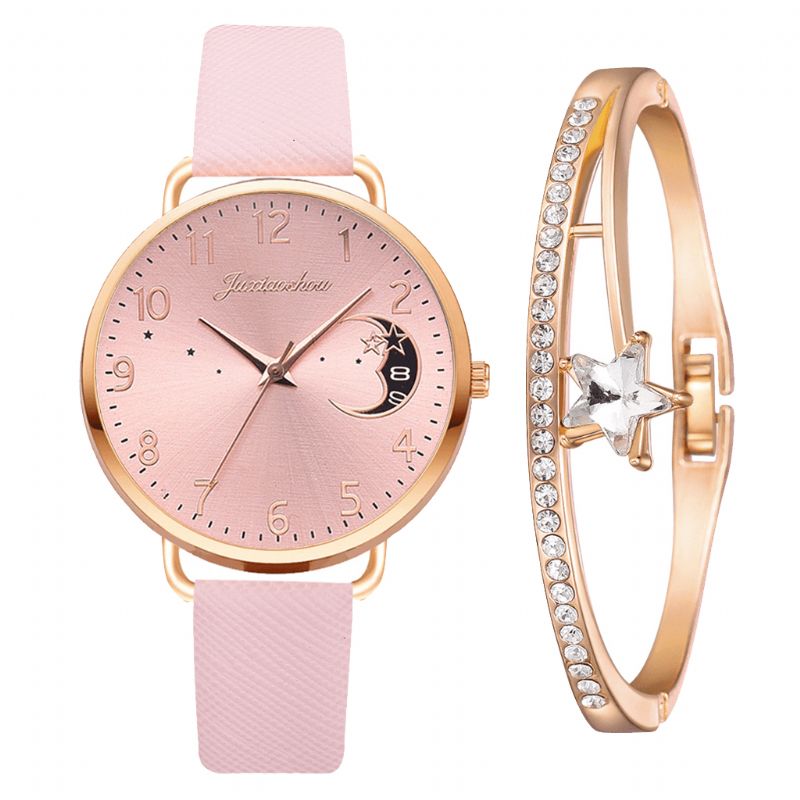 Élégant Luxe 2 Pièces Ensemble De Montres Femmes Bracelet Montre À Quartz Lune Cadran Étoilé Bracelet En Cuir Dames Cadeau