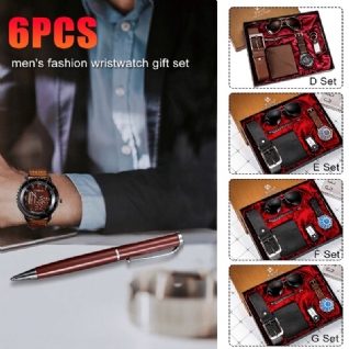 Ensemble Cadeau De Mode 6 Pièces Montre À Quartz + Stylo + Ceinture + Porte-clés + Portefeuille + Lunettes De Soleil