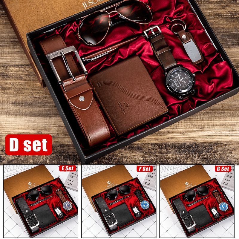 Ensemble Cadeau De Mode 6 Pièces Montre À Quartz + Stylo + Ceinture + Porte-clés + Portefeuille + Lunettes De Soleil