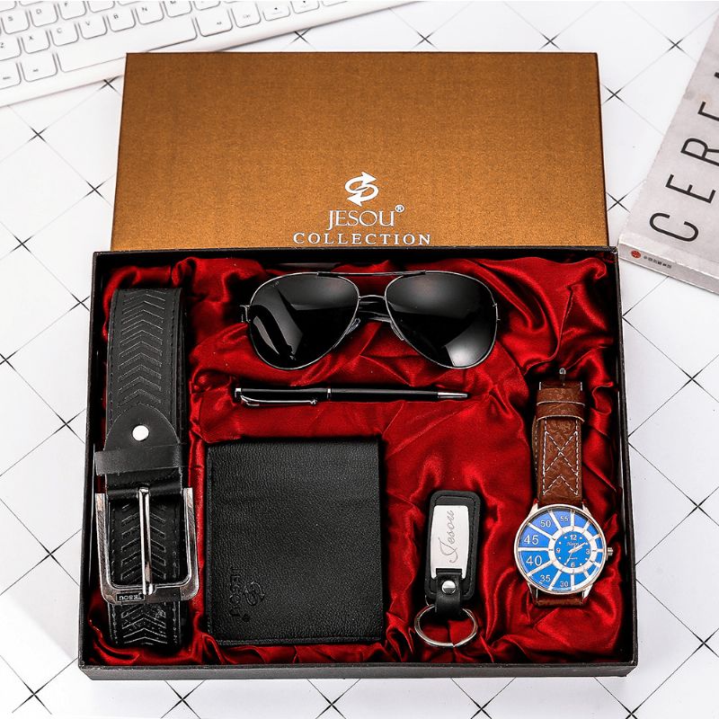 Ensemble Cadeau De Mode 6 Pièces Montre À Quartz + Stylo + Ceinture + Porte-clés + Portefeuille + Lunettes De Soleil