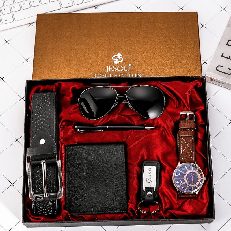 Ensemble Cadeau De Mode 6 Pièces Montre À Quartz + Stylo + Ceinture + Porte-clés + Portefeuille + Lunettes De Soleil