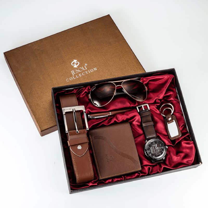 Ensemble Cadeau De Mode 6 Pièces Montre À Quartz + Stylo + Ceinture + Porte-clés + Portefeuille + Lunettes De Soleil