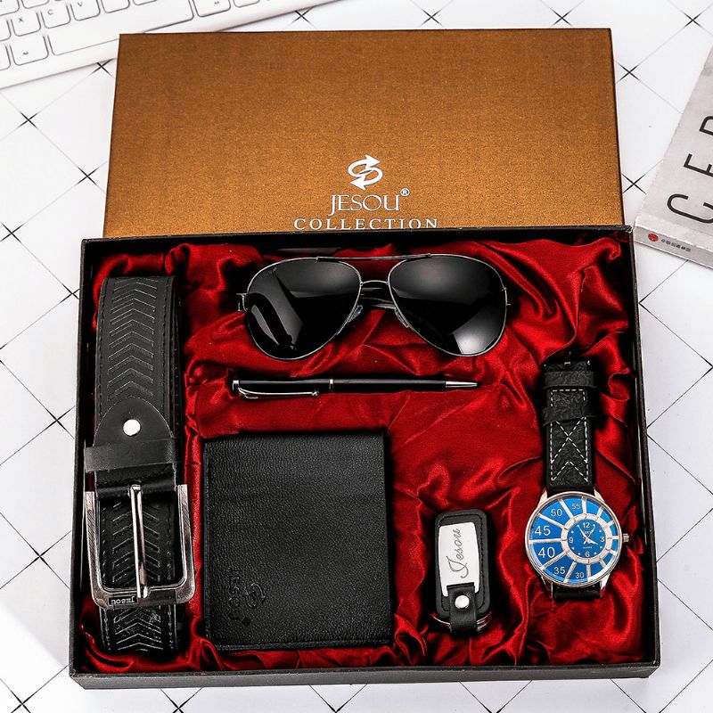 Ensemble Cadeau De Mode 6 Pièces Montre À Quartz + Stylo + Ceinture + Porte-clés + Portefeuille + Lunettes De Soleil