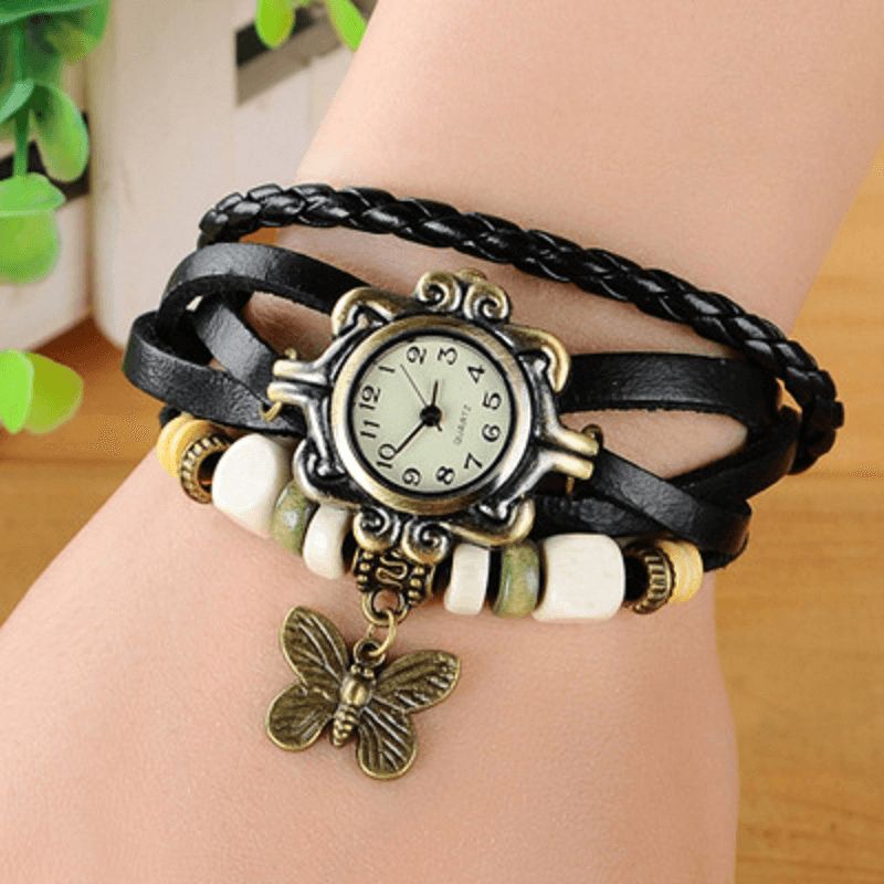 Femmes Casual Vintage Multicouche Papillon Faux Cuir Bracelet Quartz Montre