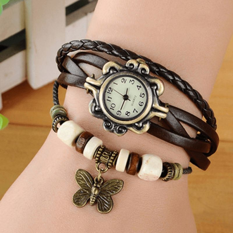 Femmes Casual Vintage Multicouche Papillon Faux Cuir Bracelet Quartz Montre