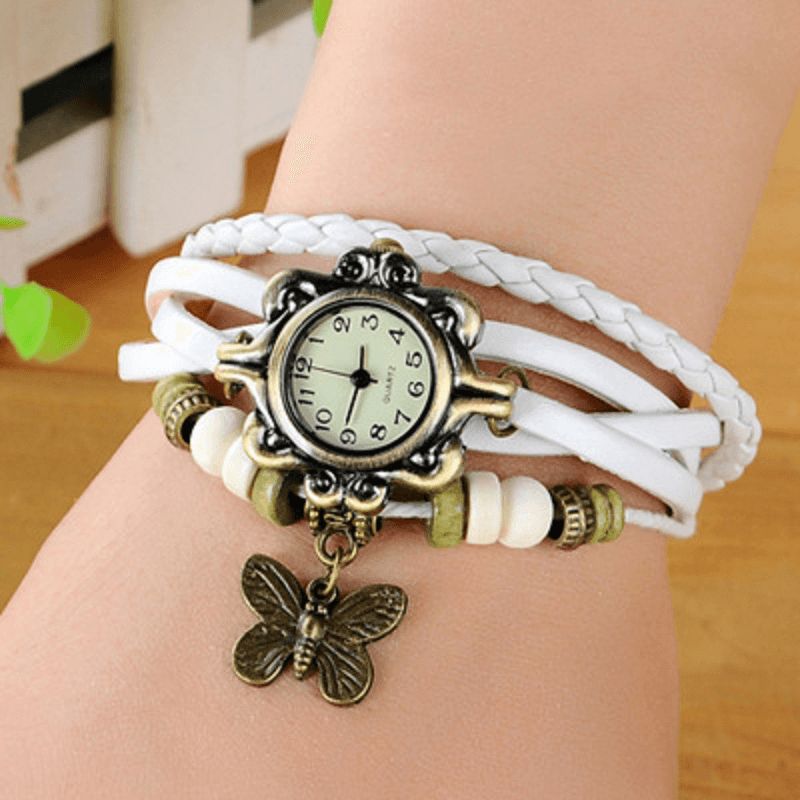 Femmes Casual Vintage Multicouche Papillon Faux Cuir Bracelet Quartz Montre