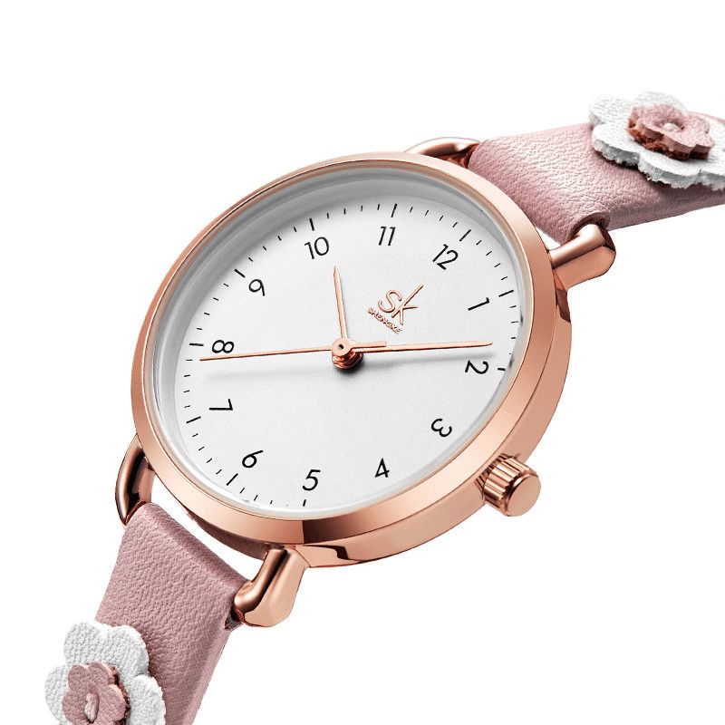 Femmes Mode Fleur Bracelet En Cuir Simple Cadran Quartz Montre