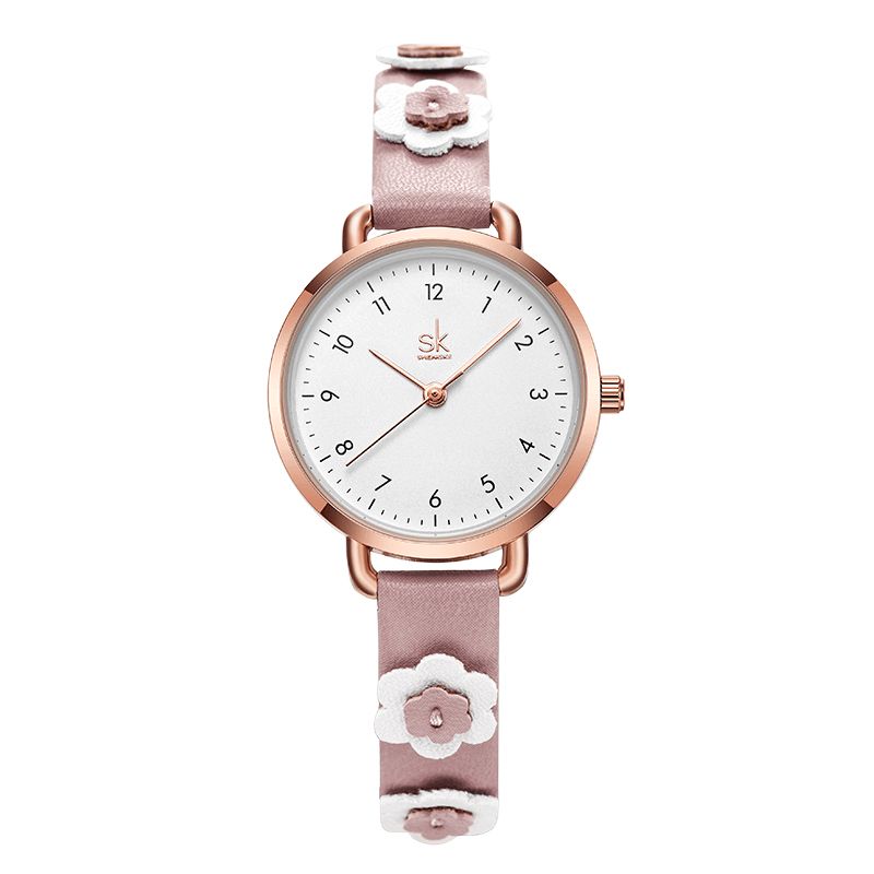 Femmes Mode Fleur Bracelet En Cuir Simple Cadran Quartz Montre