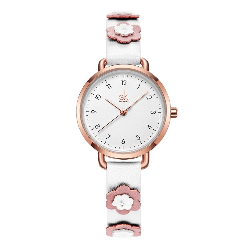 Femmes Mode Fleur Bracelet En Cuir Simple Cadran Quartz Montre