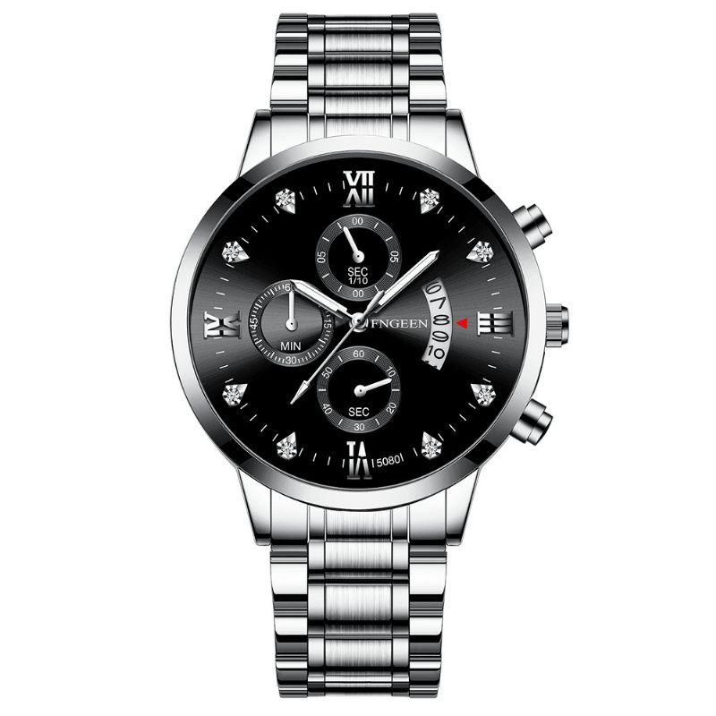 Fngeen 5080 Mode Affaires Diamant Cadran Pointeur Lumineux Avec Calendrier Affichage De La Date Bracelet En Acier Étanche Hommes Montre À Quartz