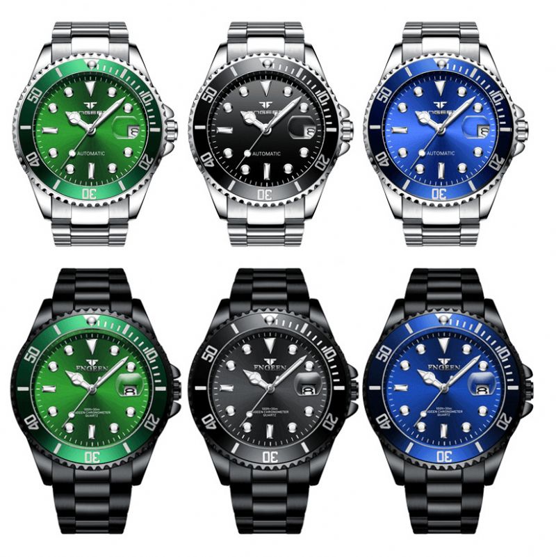 Fngeen 8080 Mode Affaires Pointeur Lumineux Calendrier Date Affichage Bracelet En Acier Étanche Hommes Montre À Quartz