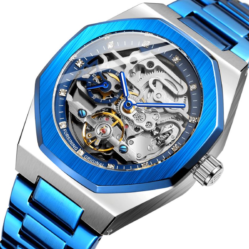 Fosining Fsg8202 Fashon Hommes Montre Automatique Cadran Creux Affichage Lumineux Bracelet En Acier Inoxydable Montre Mécanique