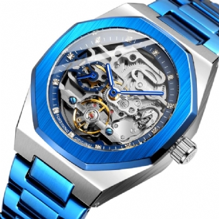 Fosining Fsg8202 Fashon Hommes Montre Automatique Cadran Creux Affichage Lumineux Bracelet En Acier Inoxydable Montre Mécanique