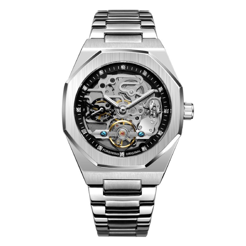 Fosining Fsg8202 Fashon Hommes Montre Automatique Cadran Creux Affichage Lumineux Bracelet En Acier Inoxydable Montre Mécanique